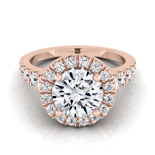 14K Rose Gold Round Brilliant Diamond Shared Prong Halo และ Linear Side Set แหวนหมั้นเพชร -5/8ctw