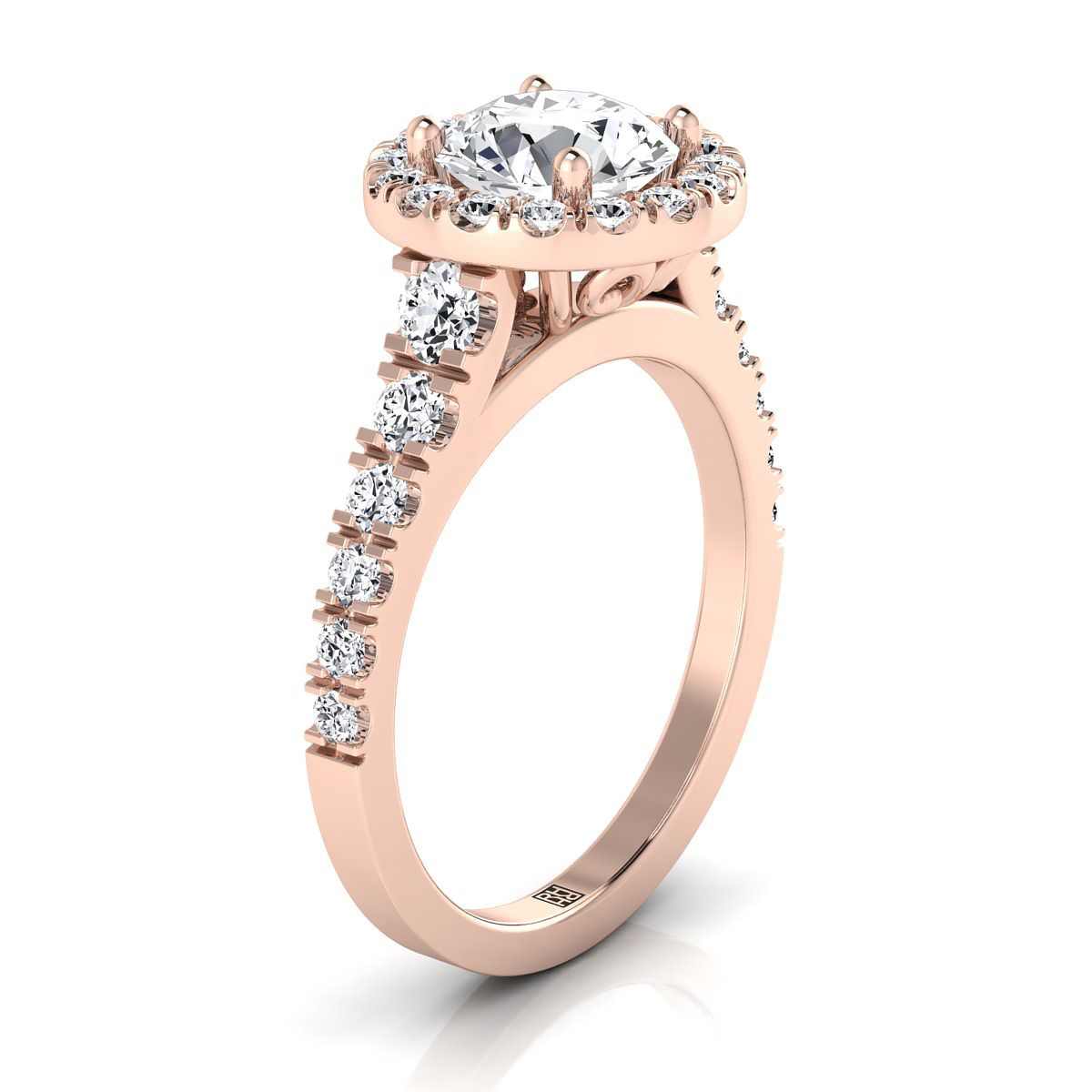 14K Rose Gold Round Brilliant Diamond Shared Prong Halo และ Linear Side Set แหวนหมั้นเพชร -5/8ctw