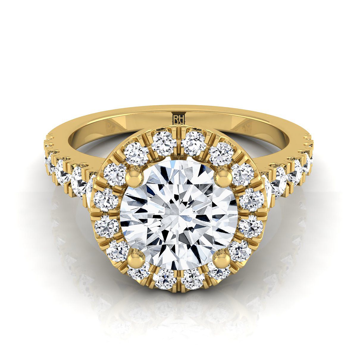 14K Yellow Gold Round Brilliant Diamond Shared Prong Halo and Linear Side Set Diamond Engagement Ring -5/8ctw