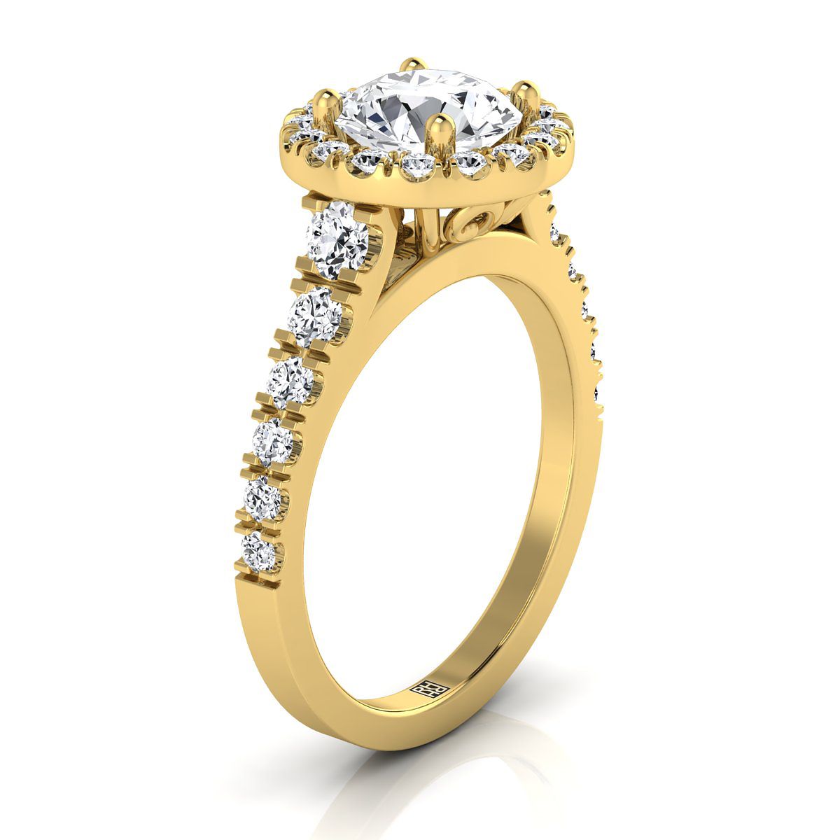 14K Yellow Gold Round Brilliant Diamond Shared Prong Halo และ Linear Side Set แหวนหมั้นเพชร -5/8ctw