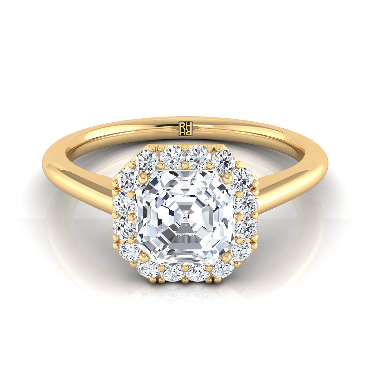 14K Yellow Gold Asscher Cut Diamond Shared Prong Halo Engagement Ring -1/5ctw