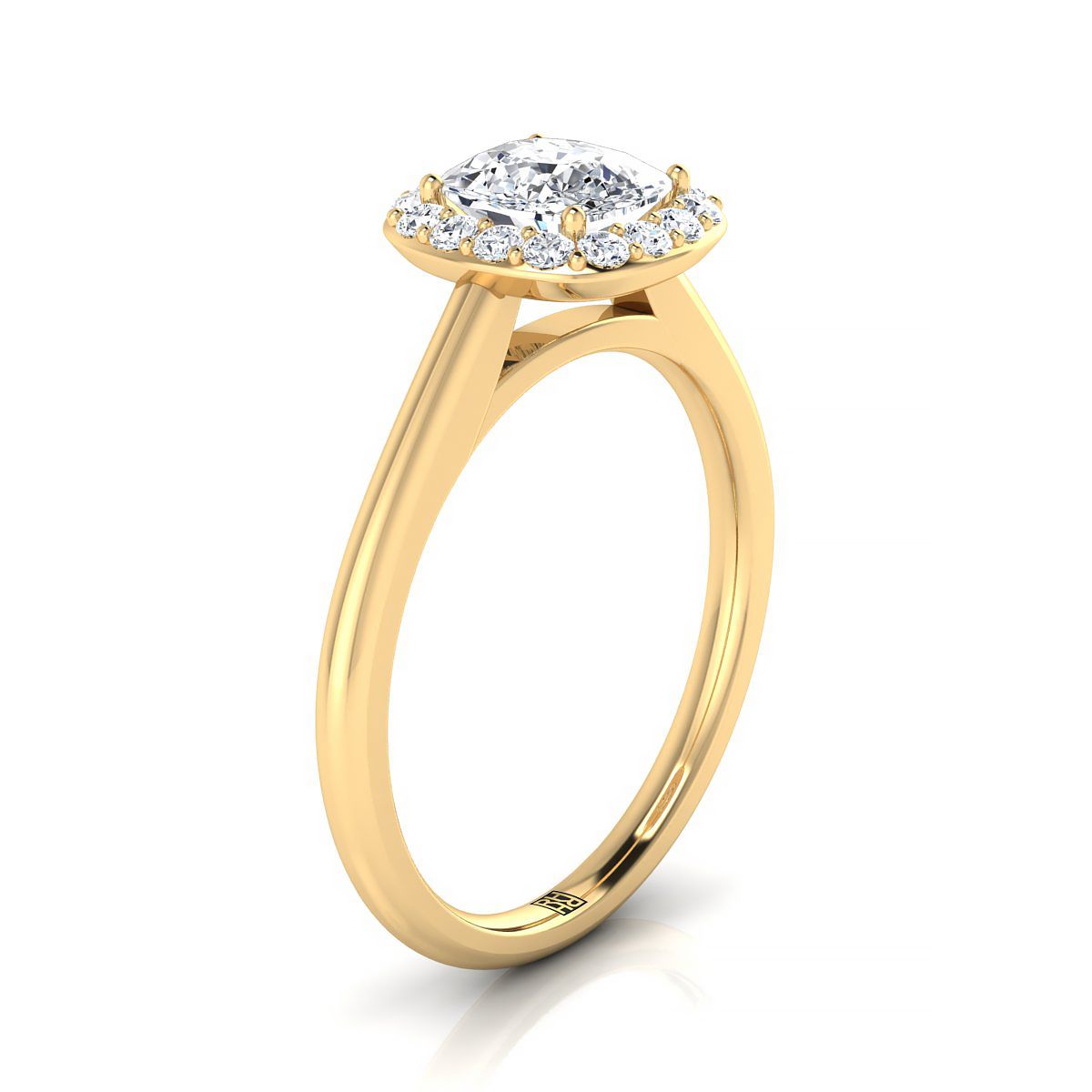 18K Yellow Gold Cushion Diamond Shared Prong Halo Engagement Ring -1/5ctw