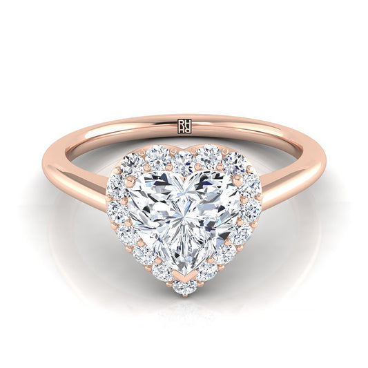 14K Rose Gold Heart Shape Center Diamond Shared Prong Halo Engagement Ring -1/5ctw