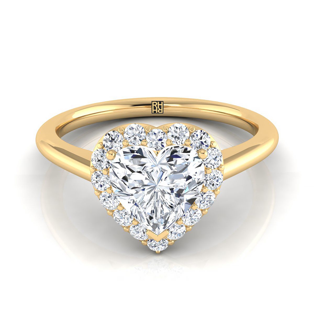 18K Yellow Gold Heart Shape Center Diamond Shared Prong Halo Engagement Ring -1/5ctw