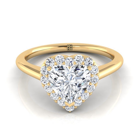 18K Yellow Gold Heart Shape Center Diamond Shared Prong Halo Engagement Ring -1/5ctw