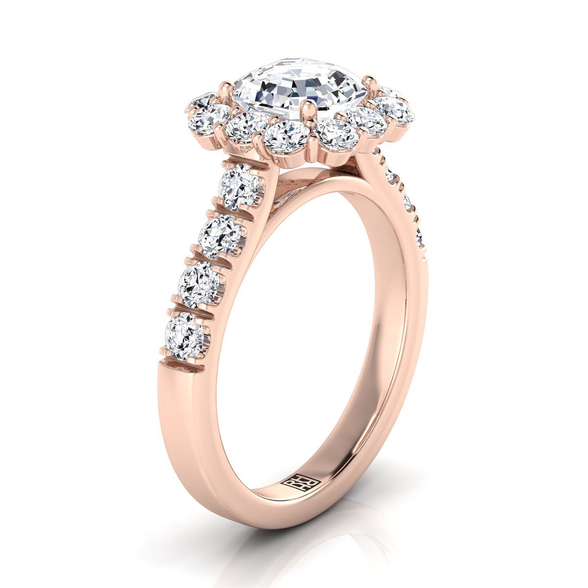 14K Rose Gold Asscher Cut Diamond Luxe Style French Pave Halo Engagement Ring -1-1/10ctw