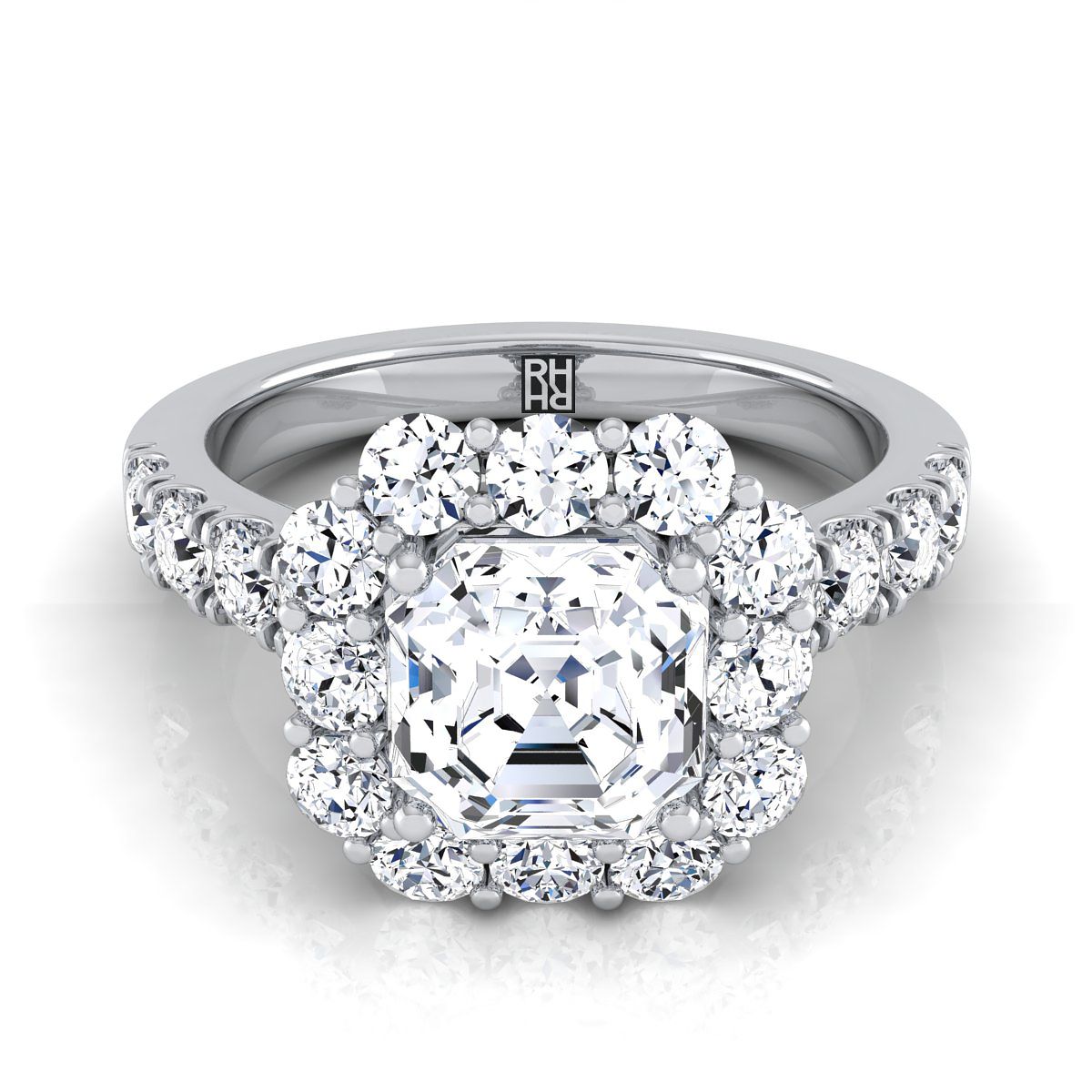 แหวนหมั้น Platinum Asscher Cut Diamond Luxe Style French Pave Halo -1-1/10ctw