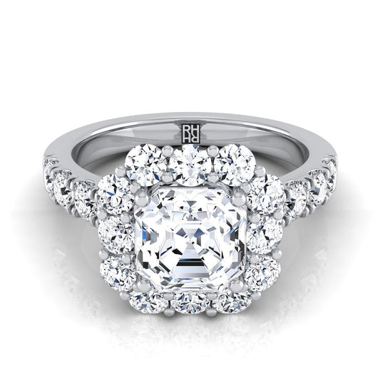 แหวนหมั้น Platinum Asscher Cut Diamond Luxe Style French Pave Halo -1-1/10ctw