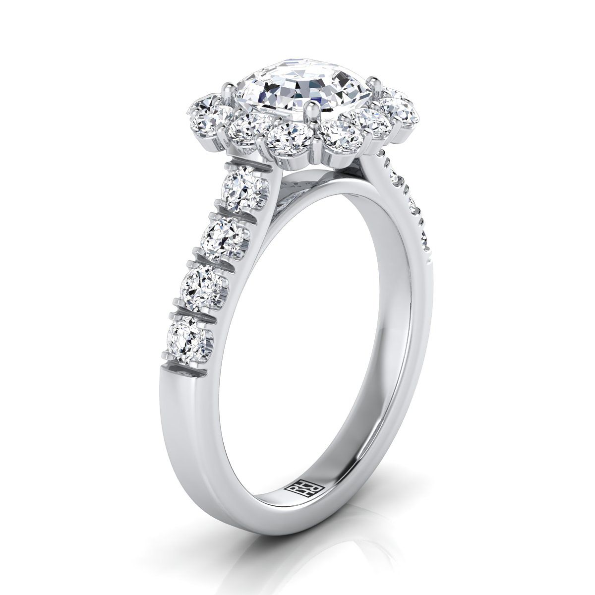 แหวนหมั้น Platinum Asscher Cut Diamond Luxe Style French Pave Halo -1-1/10ctw