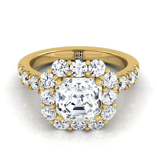 14K Yellow Gold Asscher Cut Diamond Luxe Style French Pave Halo Engagement Ring -1-1/10ctw