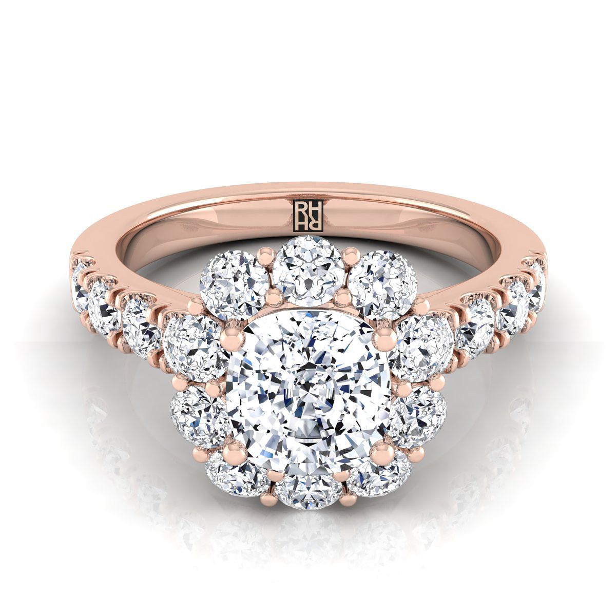 14K Rose Gold Cushion Diamond Luxe Style French Pave Halo Engagement Ring -1-1/10ctw