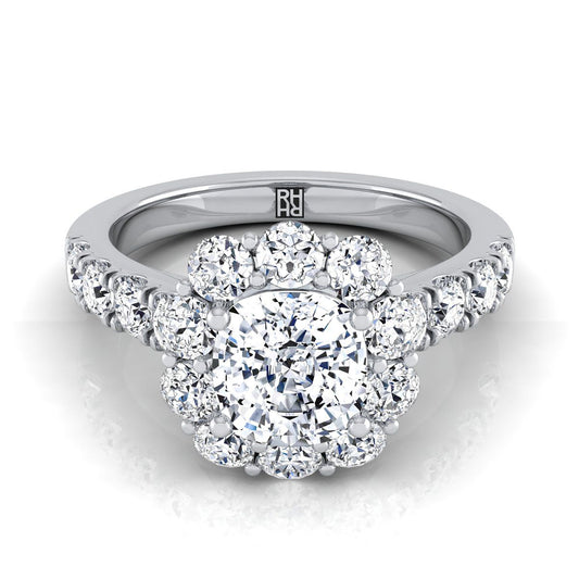 Platinum Cushion Diamond Luxe Style French Pave Halo Engagement Ring -1-1/10ctw