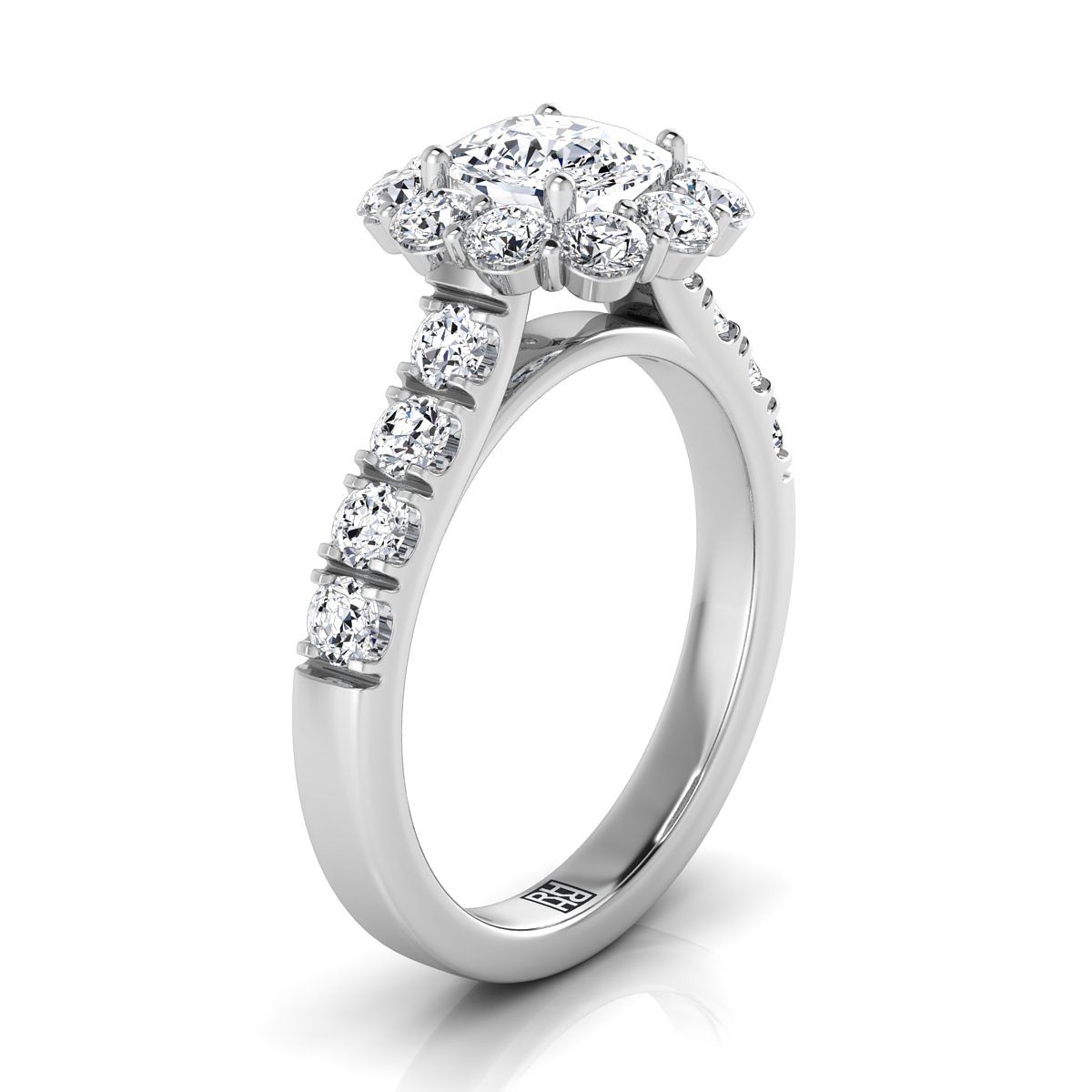 แหวนหมั้นเพชร 14K White Gold Cushion Diamond Luxe Style French Pave Halo -1-1/10ctw