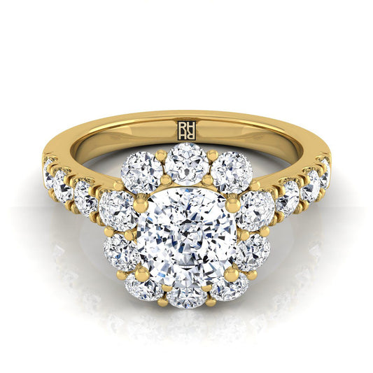 แหวนหมั้นเพชร 14K Yellow Gold Cushion Diamond Luxe Style French Pave Halo -1-1/10ctw