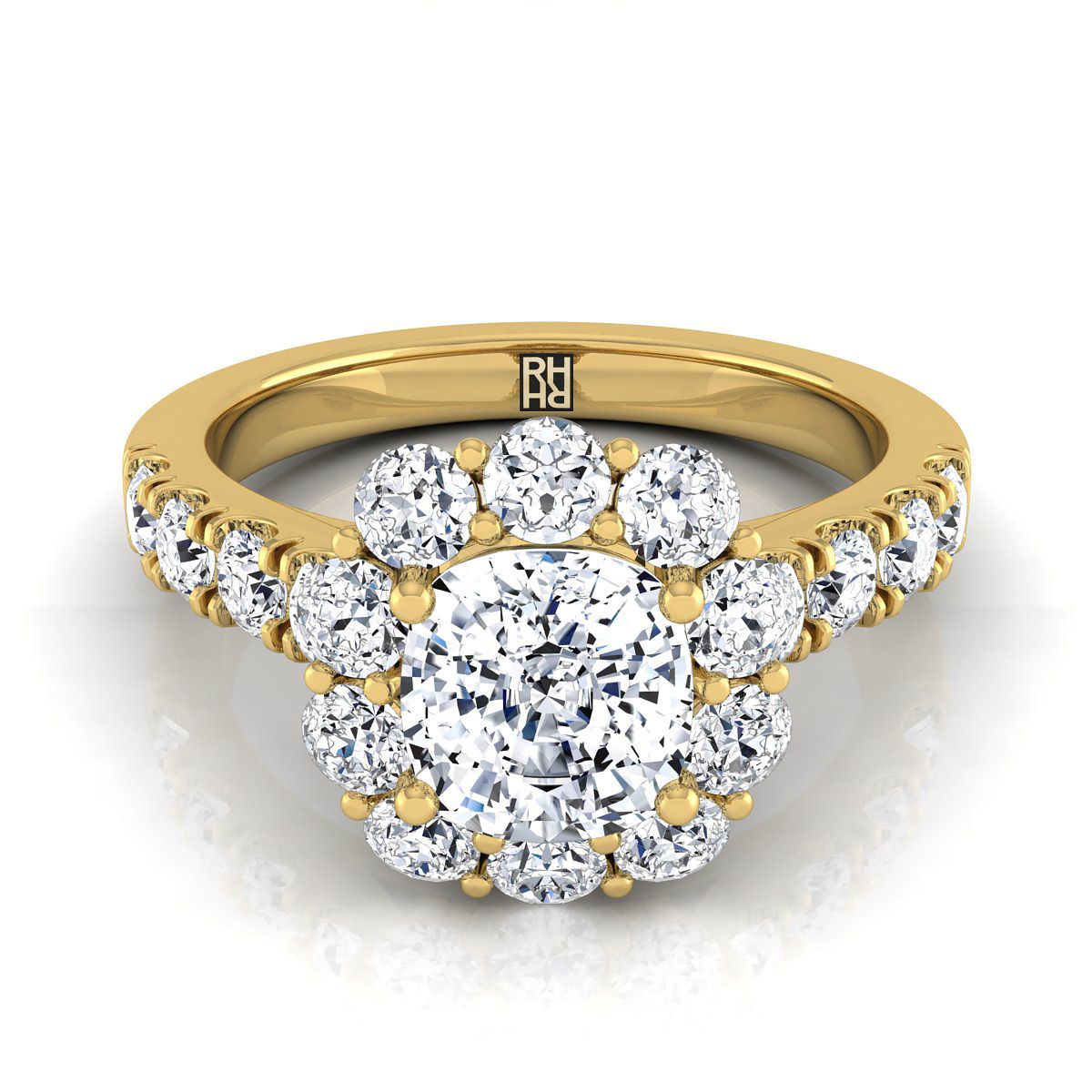 แหวนหมั้นเพชร 18K Yellow Gold Cushion Diamond Luxe Style French Pave Halo -1-1/10ctw