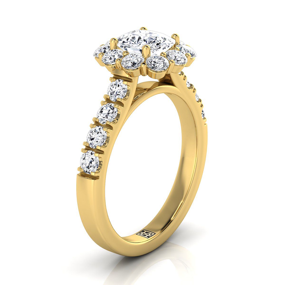 แหวนหมั้นเพชร 14K Yellow Gold Cushion Diamond Luxe Style French Pave Halo -1-1/10ctw