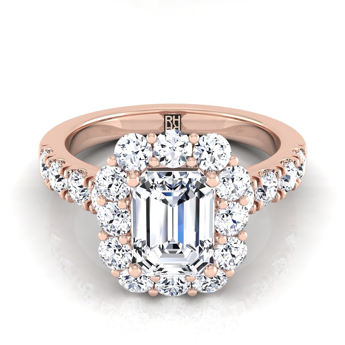 14K Rose Gold Emerald Cut Diamond Luxe Style French Pave Halo Engagement Ring -1-1/10ctw