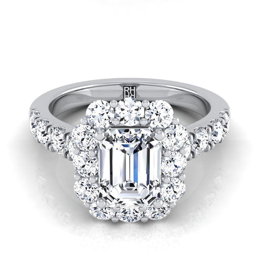 14K White Gold Emerald Cut Diamond Luxe Style French Pave Halo Engagement Ring -1-1/10ctw