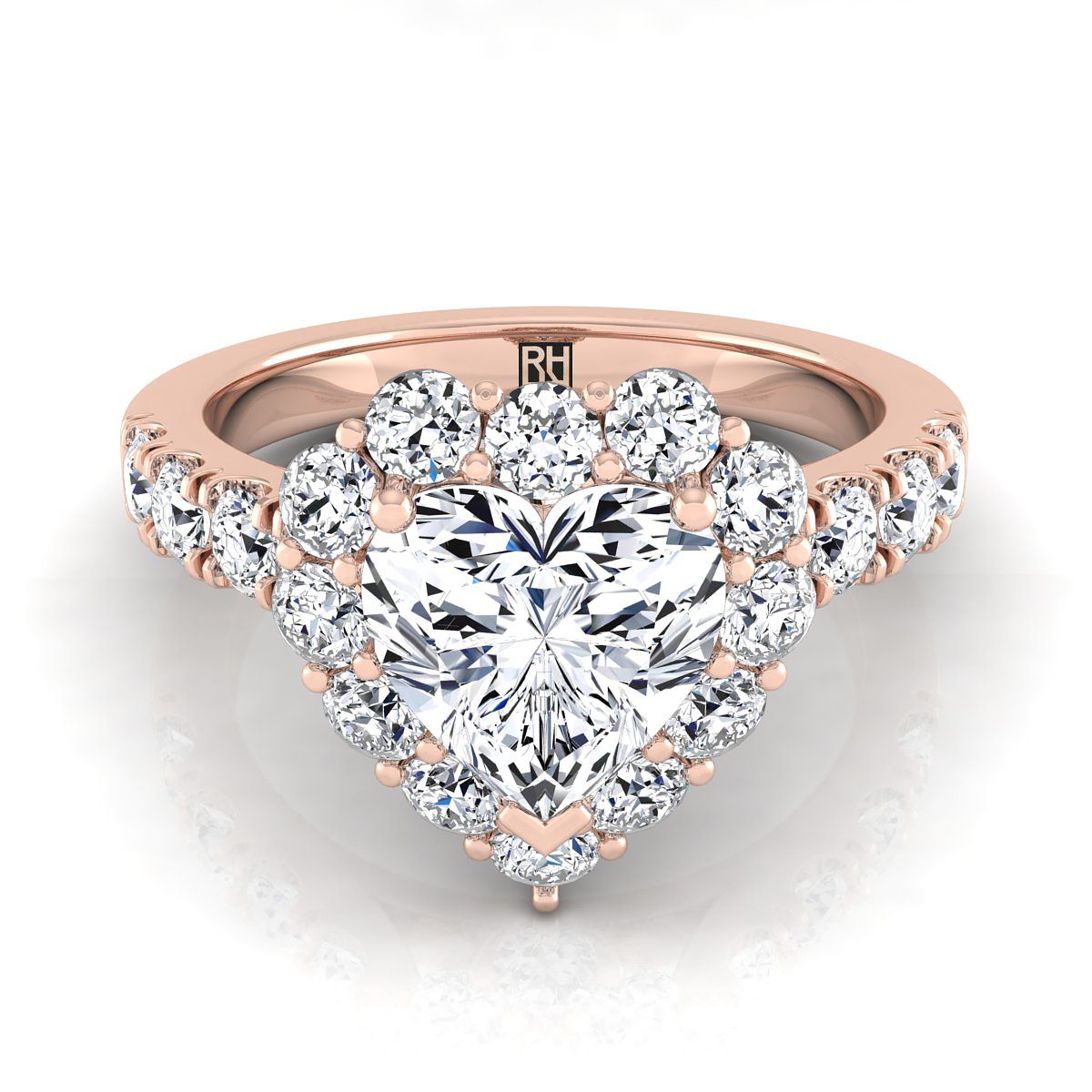 14K Rose Gold Heart Shape Center เพชร Luxe สไตล์ French Pave Halo แหวนหมั้น -1-1/10ctw