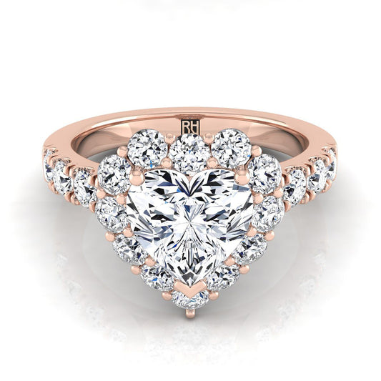 14K Rose Gold Heart Shape Center เพชร Luxe สไตล์ French Pave Halo แหวนหมั้น -1-1/10ctw