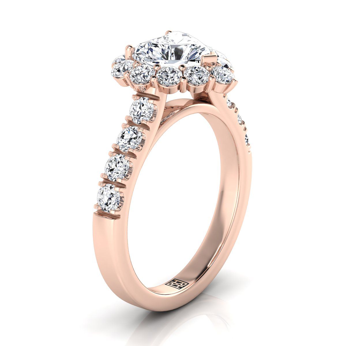 14K Rose Gold Heart Shape Center เพชร Luxe สไตล์ French Pave Halo แหวนหมั้น -1-1/10ctw