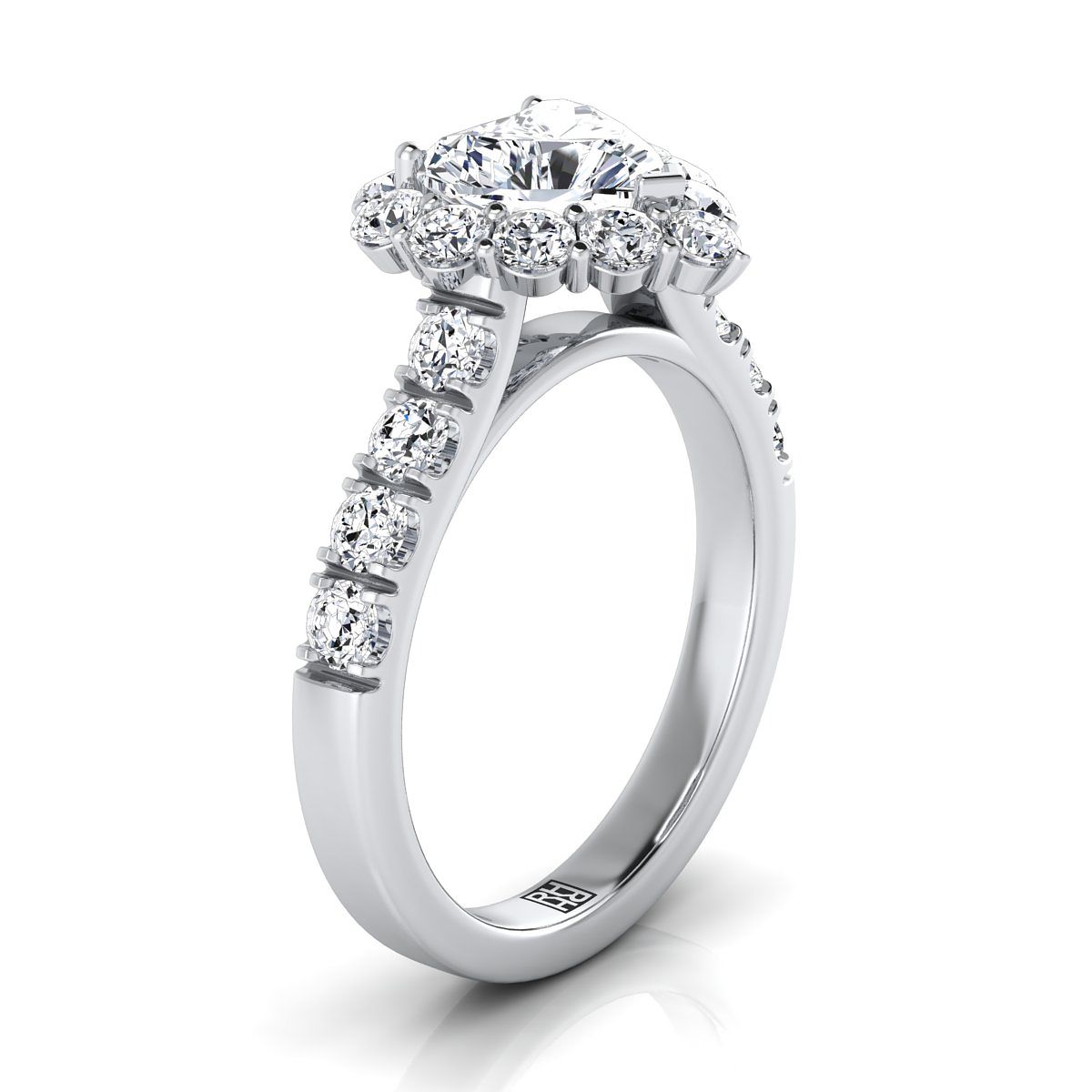 Platinum Heart Shape Center Diamond Luxe Style French Pave Halo Engagement Ring -1-1/10ctw