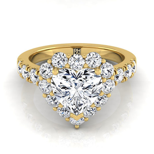 14K Yellow Gold Heart Shape Center Diamond Luxe Style French Pave Halo Engagement Ring -1-1/10ctw