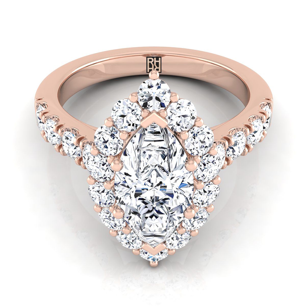 14K Rose Gold Marquise Diamond Luxe Style French Pave Halo Engagement Ring -1-1/10ctw