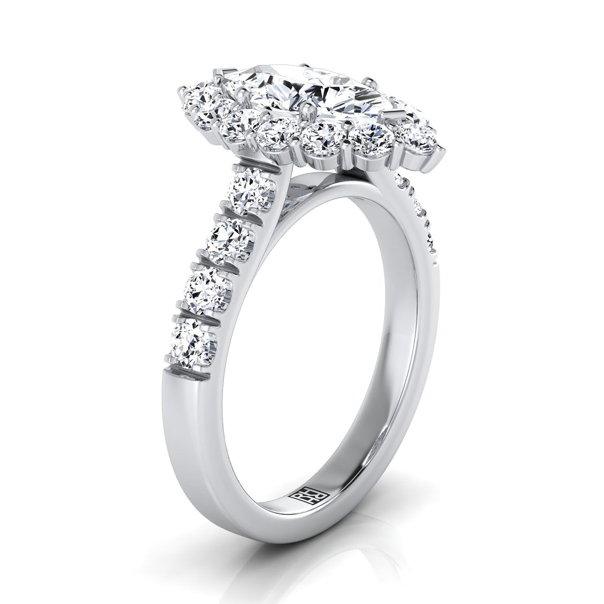 แหวนหมั้น Platinum Marquise Diamond Luxe Style French Pave Halo -1-1/10ctw