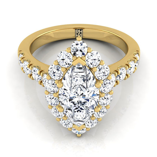 18K Yellow Gold Marquise  Diamond Luxe Style French Pave Halo Engagement Ring -1-1/10ctw