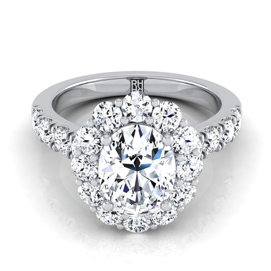 Platinum Oval Diamond Luxe Style French Pave Halo Engagement Ring -1-1/10ctw