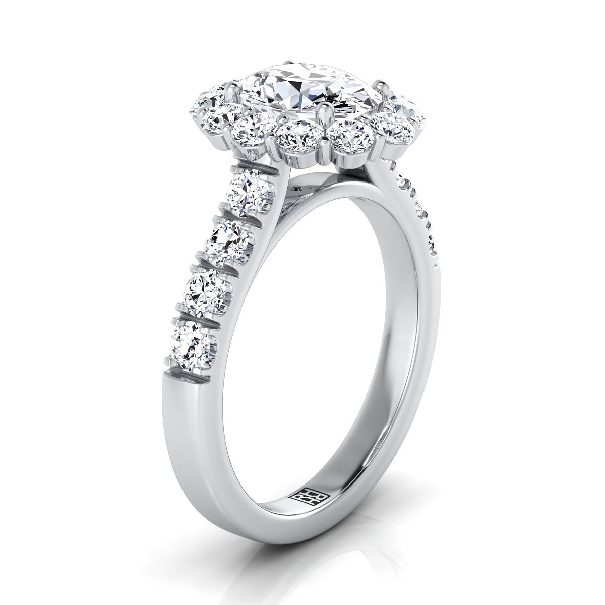 แหวนหมั้นเพชรทรงวงรีทองคำขาว 18K สไตล์ Luxe French Pave Halo -1-1/10ctw