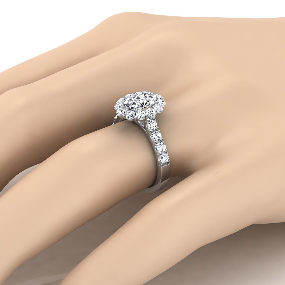 แหวนหมั้นเพชรทรงวงรีทองคำขาว 18K สไตล์ Luxe French Pave Halo -1-1/10ctw