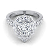 18K White Gold Pear Shape Center Diamond Luxe Style French Pave Halo Engagement Ring -1-1/10ctw