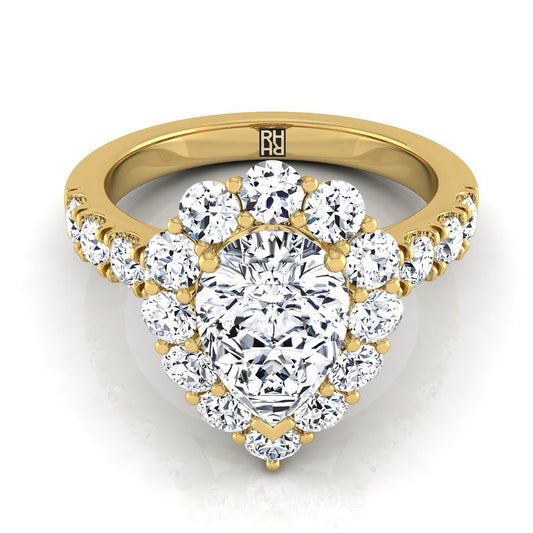 14K Yellow Gold Pear Shape Center Diamond Luxe Style French Pave Halo Engagement Ring -1-1/10ctw