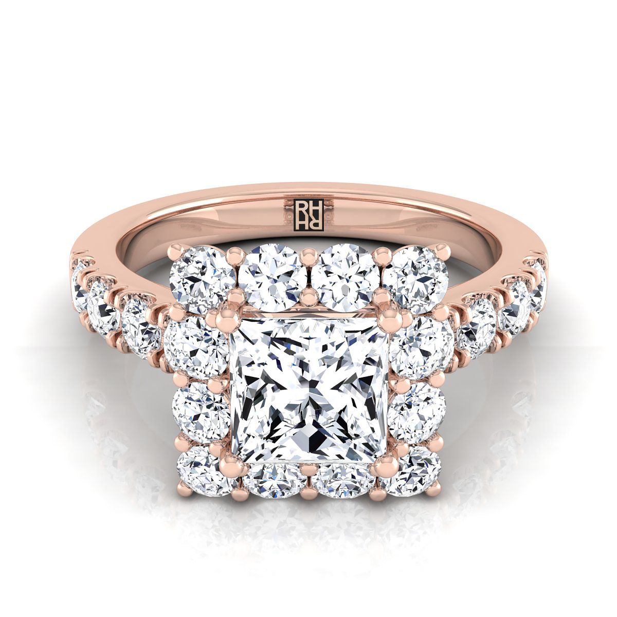 แหวนหมั้นเพชร 14K Rose Gold Princess Cut Diamond Luxe Style French Pave Halo -1-1/10ctw