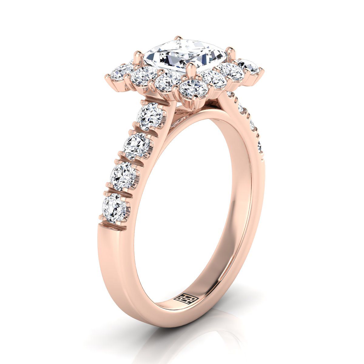 14K Rose Gold Princess Cut Diamond Luxe Style French Pave Halo Engagement Ring -1-1/10ctw