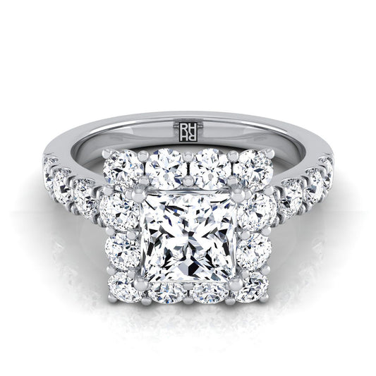 แหวนหมั้นเพชร 14K White Gold Princess Cut Diamond Luxe Style French Pave Halo -1-1/10ctw