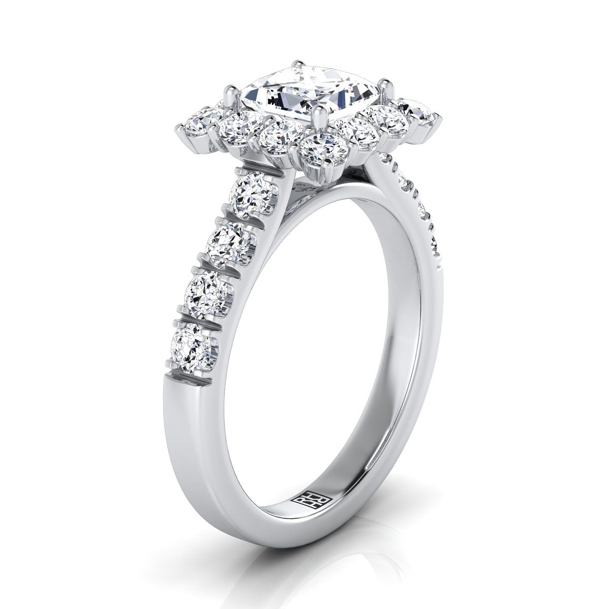 แหวนหมั้นเพชร 14K White Gold Princess Cut Diamond Luxe Style French Pave Halo -1-1/10ctw