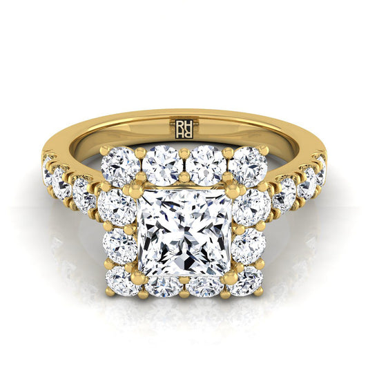 แหวนหมั้นเพชร 18K Yellow Gold Princess Cut Diamond Luxe Style French Pave Halo -1-1/10ctw