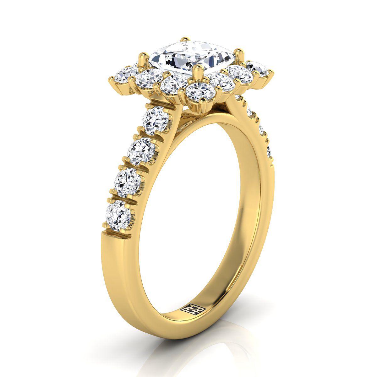 18K Yellow Gold Princess Cut Diamond Luxe Style French Pave Halo Engagement Ring -1-1/10ctw