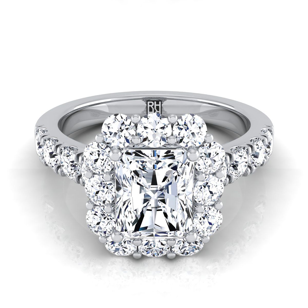 แหวนหมั้น Platinum Radiant Cut Center Diamond Luxe Style French Pave Halo Engagement Ring -1-1/10ctw