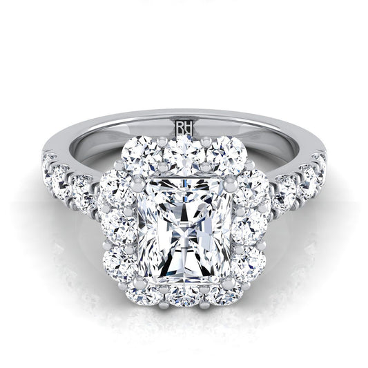 แหวนหมั้น Platinum Radiant Cut Center Diamond Luxe Style French Pave Halo Engagement Ring -1-1/10ctw