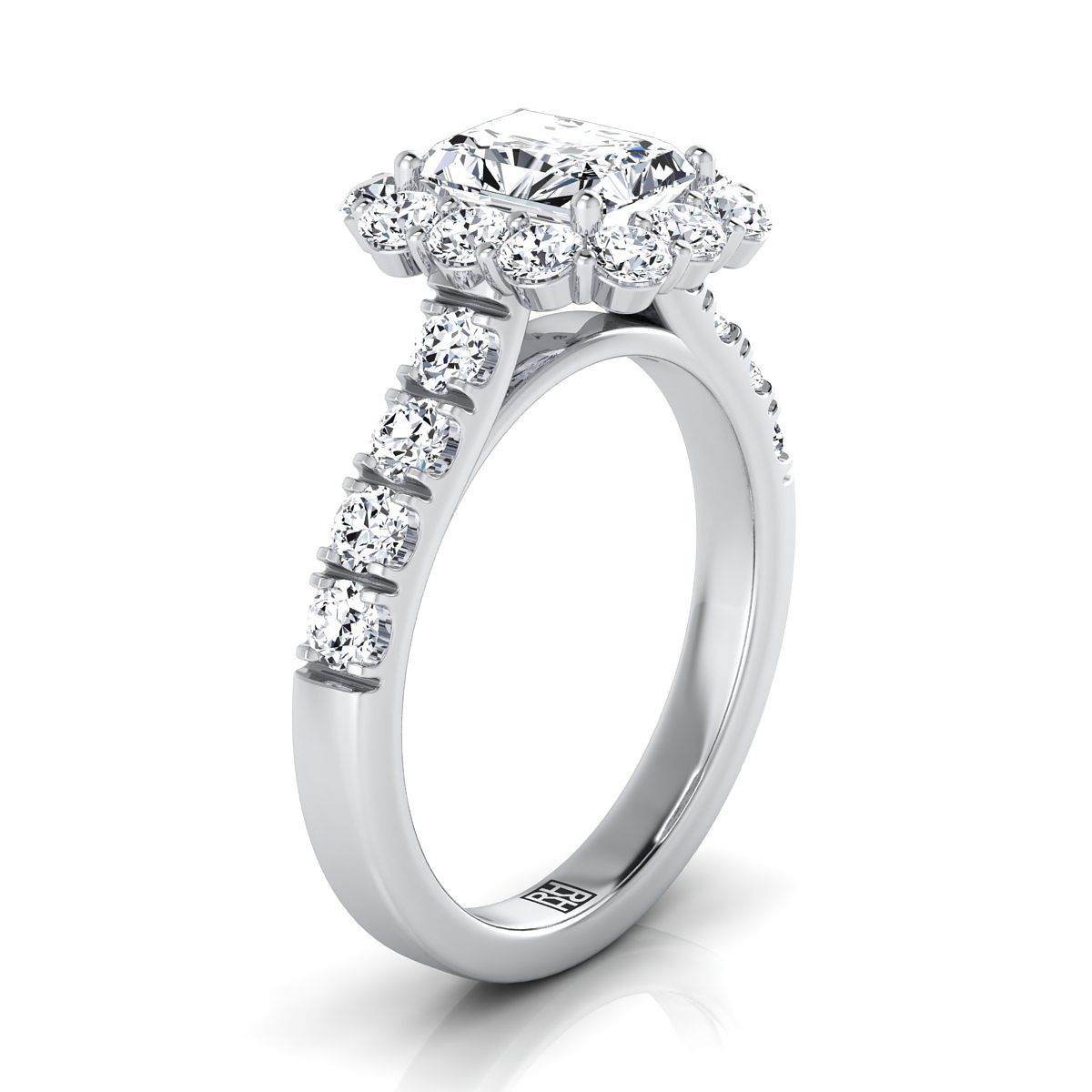 แหวนหมั้น Platinum Radiant Cut Center Diamond Luxe Style French Pave Halo Engagement Ring -1-1/10ctw