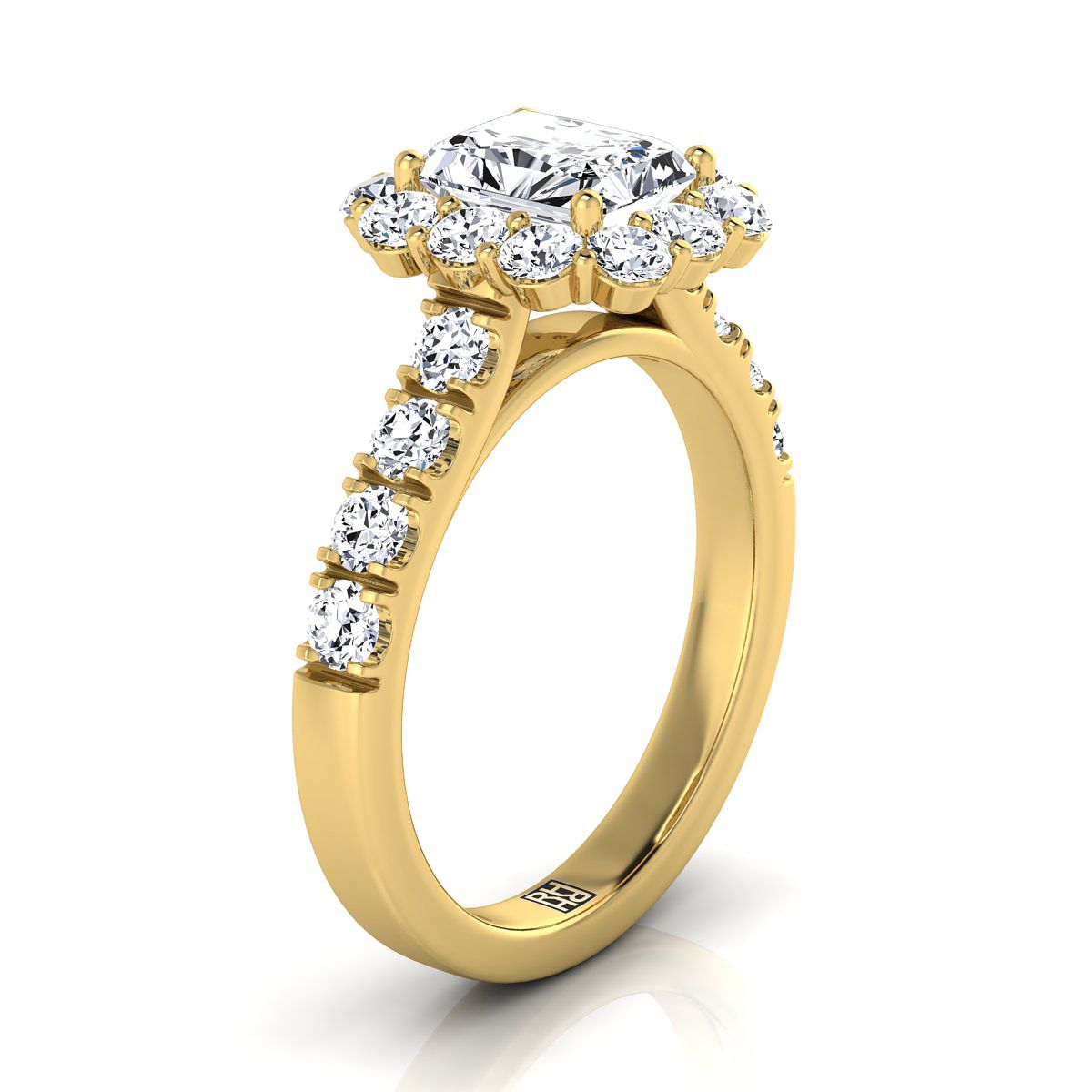 14K สีเหลืองทอง Radiant Cut Center Diamond Luxe สไตล์ French Pave Halo แหวนหมั้น -1-1/10ctw