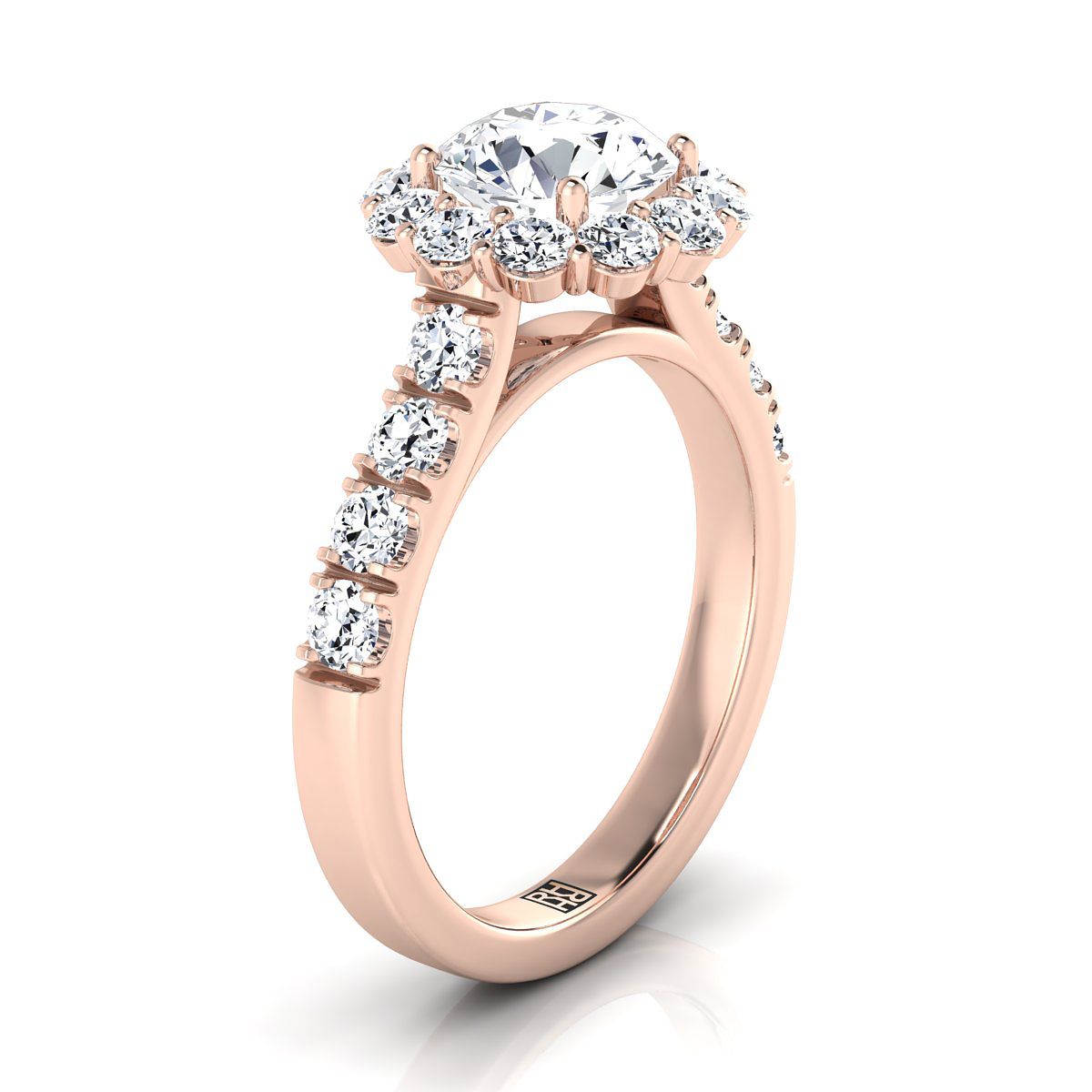 14K Rose Gold Round Brilliant Diamond Luxe Style French Pave Halo Engagement Ring -1-1/10ctw