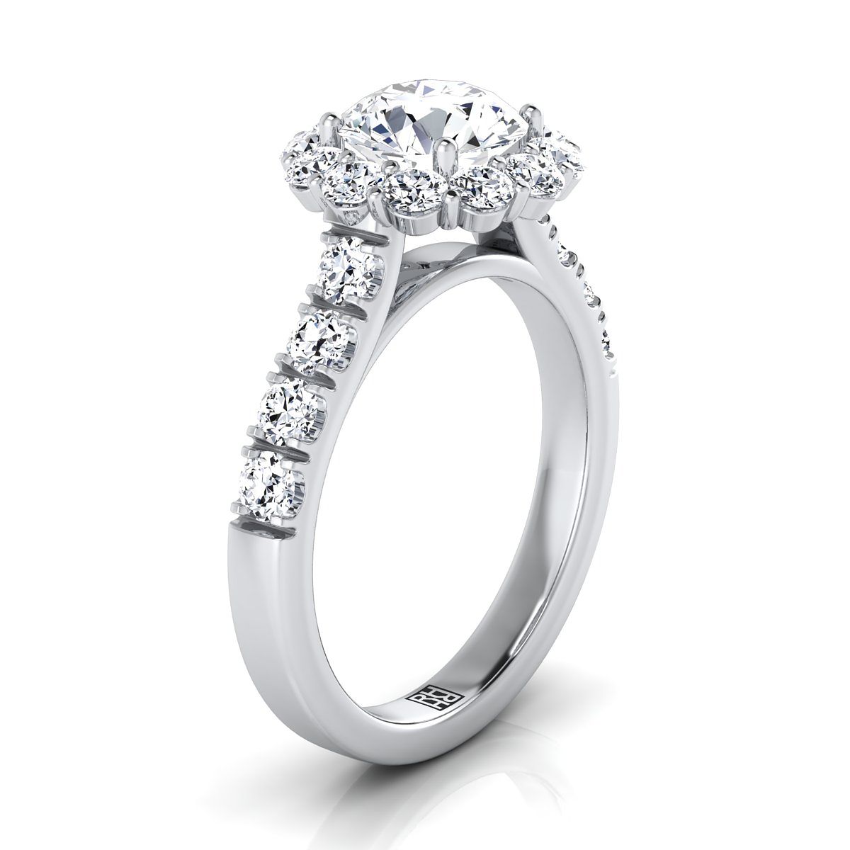 18K สีขาวทอง Round Brilliant Diamond Luxe สไตล์ French Pave Halo แหวนหมั้น -1-1/10ctw