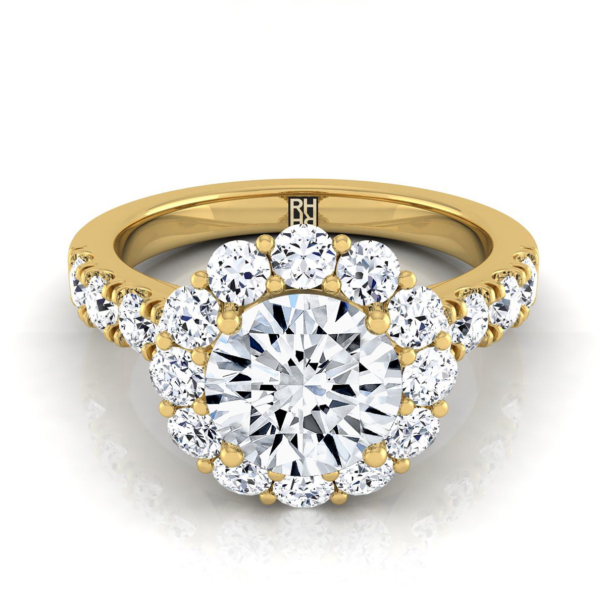 14K Yellow Gold Round Brilliant Diamond Luxe Style French Pave Halo Engagement Ring -1-1/10ctw