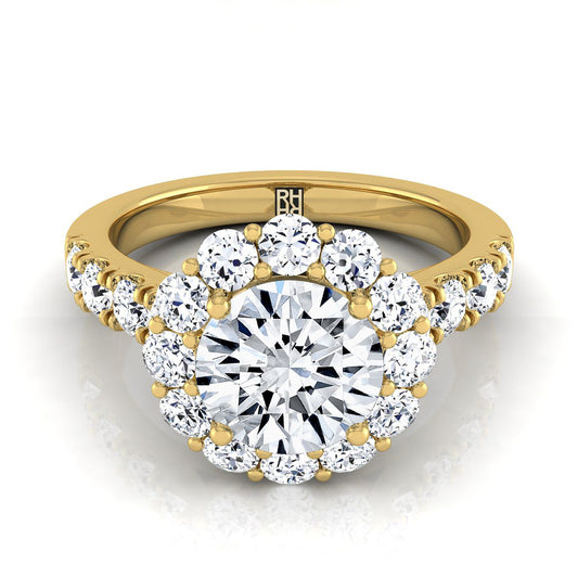 14K Yellow Gold Round Brilliant Diamond Luxe Style French Pave Halo Engagement Ring -1-1/10ctw