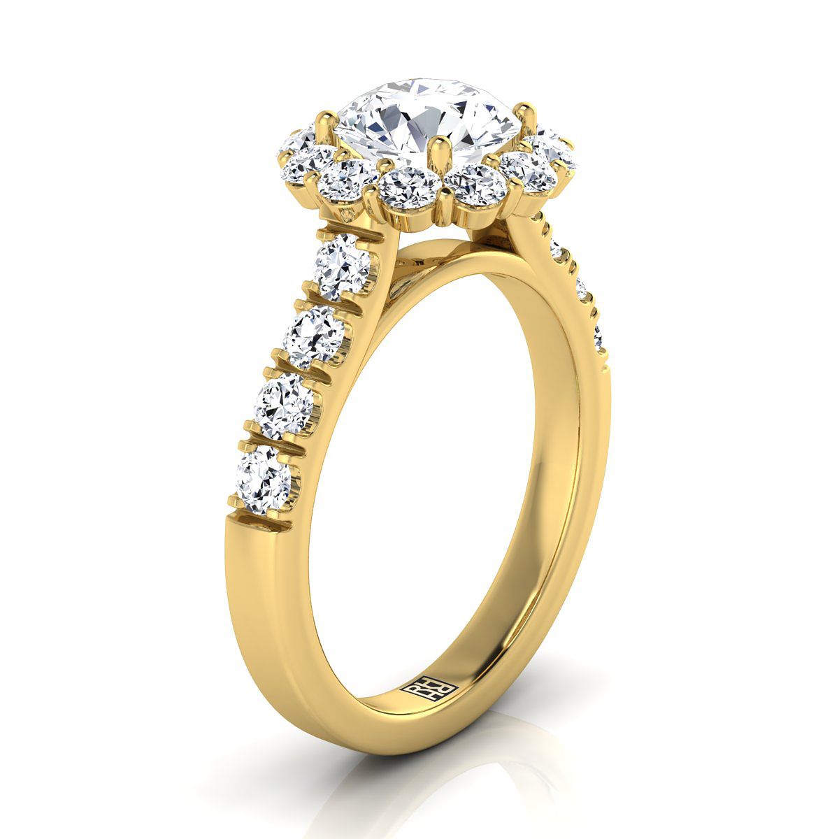 14K Yellow Gold Round Brilliant Diamond Luxe Style French Pave Halo Engagement Ring -1-1/10ctw